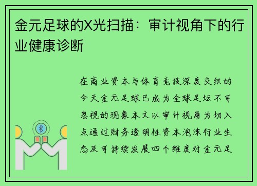 金元足球的X光扫描：审计视角下的行业健康诊断