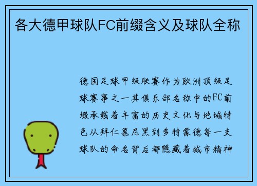 各大德甲球队FC前缀含义及球队全称