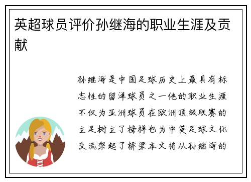 英超球员评价孙继海的职业生涯及贡献